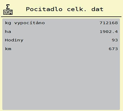 Obsluha AXIS-H ISOBUS.7.1 Počitadlo celkových dat V tomto menu se zobrazují všechny stavy čítačů rozmetadla.