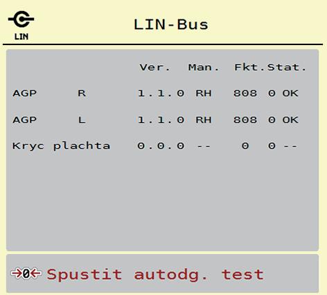 Obsluha AXIS-H ISOBUS Příklad sběrnice LIN-Bus 1. Vyvolejte nabídku Systém/test > Test/Diagno stika. 2. Označte položku nabídky LIN-Bus. Na displeji se zobrazí stav servopohonů a senzorů.