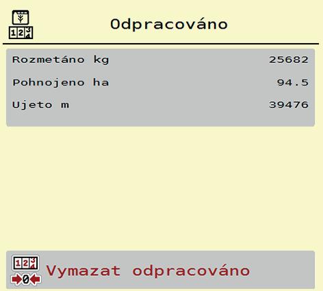 Obsluha AXIS-H ISOBUS.9.1 Počitadlo odpracovaného výkonu V tomto menu můžete zjišťovat hodnoty provedených rozmetacích prací, sledovat zbývající množství a vymazáním vynulovat počitadla Odpracováno.