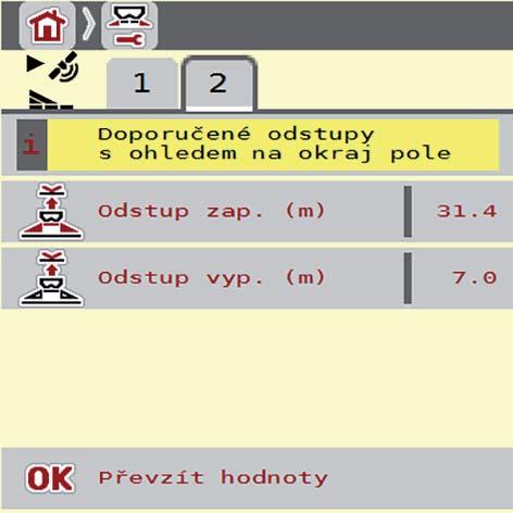 Obsluha AXIS ISOBUS 1 2 Obrázek.5: Výpočet OptiPoint, strana 2 Číslo Význam Popis 1 Odstup (v metrech) vzhledem k hranici pole, od které se otevírají dávkovací hradítka.