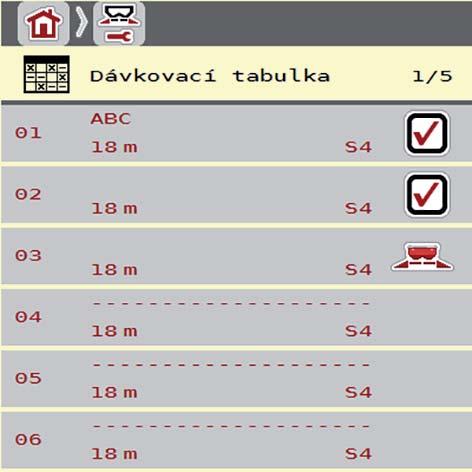 Obsluha AXIS ISOBUS..9 Dávkovací tabulka V těchto menu můžete vytvářet a spravovat dávkovací tabulky.