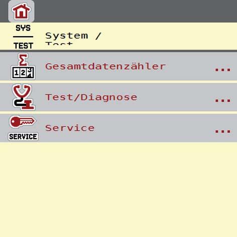 Obsluha AXIS ISOBUS.8 Systém/test V tomto menu se provádějí nastavení systému a testů pro ovládání stroje. Vyvolejte menu Hlavní menu > Systém/test. Obrázek.