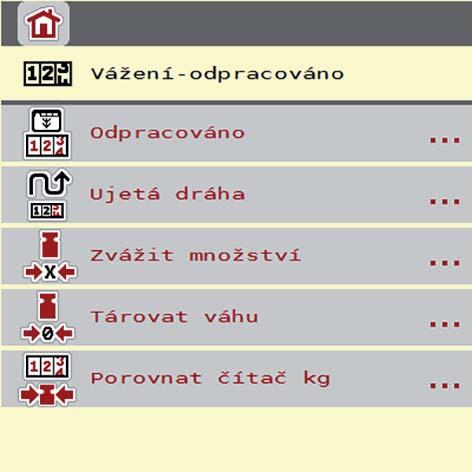 Obsluha AXIS ISOBUS.10 Vážení sumy V tomto menu najdete hodnoty k vykonané rozmetací práci a funkce pro režim vážení. Vyvolejte menu Hlavní menu > Vážení odpracováno.
