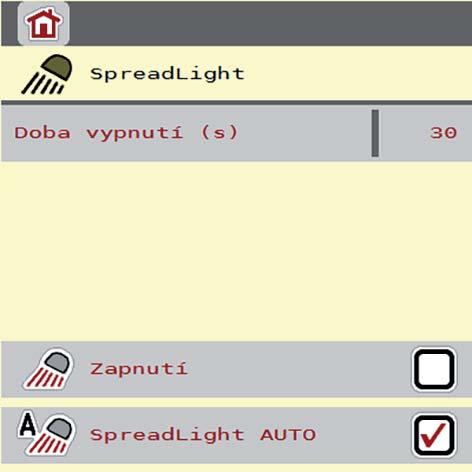 Obsluha AXIS ISOBUS.11 Pracovní světlomet (SpreadLight) V tomto menu lze aktivovat funkci SpreadLight a kontrolovat tak obraz rozmetání ivnoci.