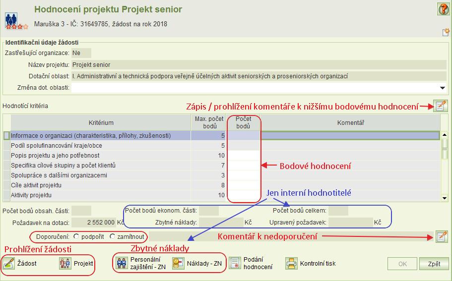 Celou žádost včetně všech projektů lze prohlížet pouze v modálním okně. Naopak projekt, který máte hodnotit, lze otevřít v nemodálním okně.