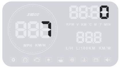 upravte hodnotu otočením tlačítka wave nahoru nebo dolů 1000-7500 Když otáčky motoru přesáhnou 5000 ot/min., HUD aktivuje alarm otáček 1000-7500 Když otáčky motoru přesáhnou 5000 ot/min.