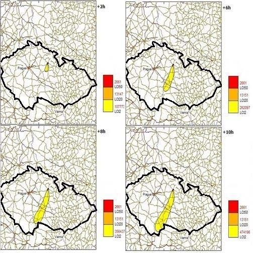 PŘÍLOHA P II: VÝSTUPY Z MODELOVACÍCH SOFTWARŮ Na koláži je vyobrazen růst a šíření kontaminovaného oblaku vymodelovaného pomocí softwaru HPAC.