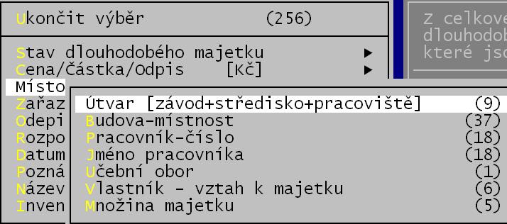 Například volíte-li, že chcete vybírat podle Pracovníka, je v závorkách v nabídce uvedena informace o počtu pracovníků, kteří mají svěřen vybraný majetek. U některých údajů (např.