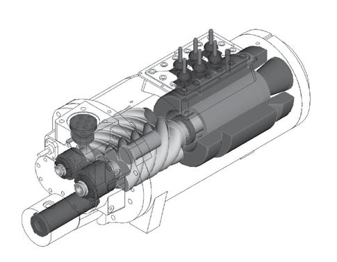 Princip mechanické činnosti Obrázek 10 Popis kompresoru CCHC - RTHF Rotor - hlavní Rotor - vedlejší Ložiska Elektromagnetický ventil pro odlehčení Elektromagnetický ventil pro zátěž Skříň motoru