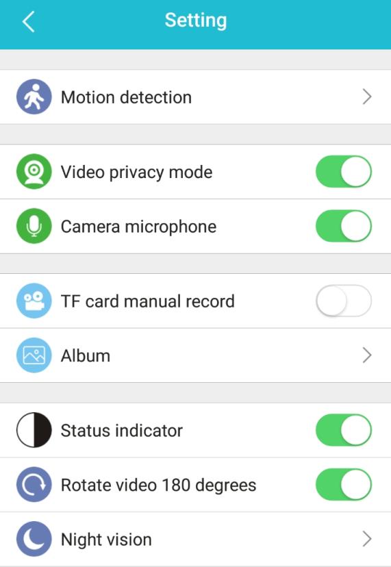 Nastavení kamery Motion detection (detekce pohybu) Zapnutí/vypnutí detekce pohybu, při zaznamenání pohybu před kamerou se spustí záznam a pořídí fotografie, který se uloží na