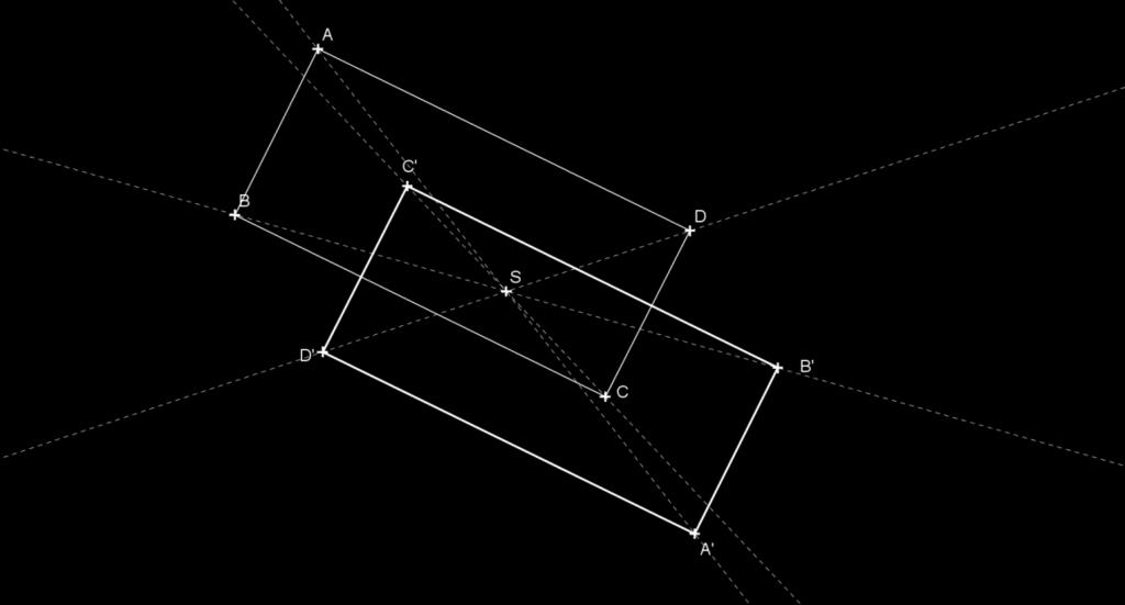 5) Je zadaný obdélník ABCD a střed S vně tohoto obdélníku. Ve stejnolehlosti H(S, λ = 1) zobrazte obdélník A B C D.