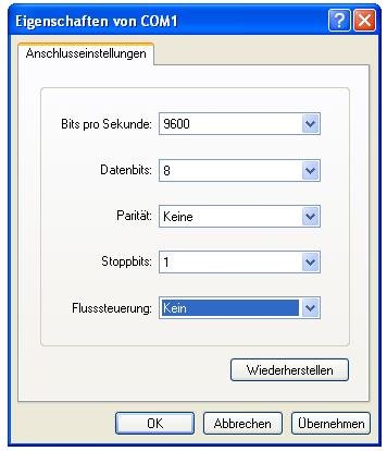 Obr. 7: Microsoft Windows Hyper Terminal - zadání jména pro nové spojení. Obr. 8: Microsoft Windows Hyperterminal - výběr rozhraní pro komunikaci. Zde COM Port 1. Obr. 9: Microsoft Windows Hyperterminal - výběr parametrů rozhraní.