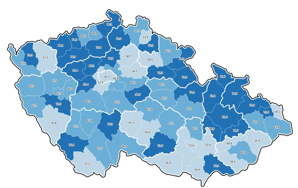 Podíl vakcinovaných pacientek ve vztahu k velikosti populace (2017) Zdroj dat: NRHZS 2017; dívky ve věku 13 let, které zahájily vakcinaci proti