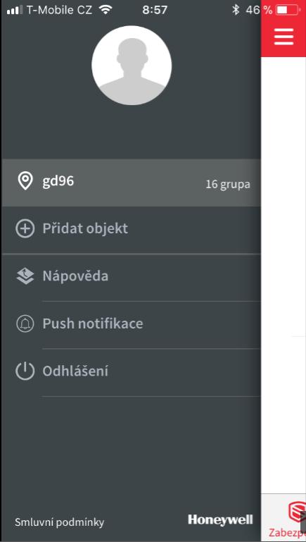 Funkce Push notification Otevření nabídky objektů a