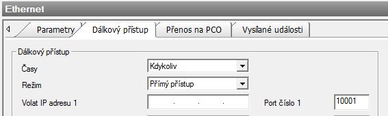 Nastavení ústředny - ethernet IP adresa musí být přístupná z