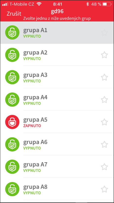 Zobrazení grup pomocí ikon Zobrazení stavu grup ústředny.