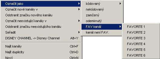 Pomocí Vybrat můžete zvolit všechny, všechny kódované, všechny zamčené pomocí určitého systému zakódování, všechny zamčené kanály, všechny kanály C-pásma nebo (pro import) všechny nové nebo všechny