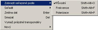 5.f Funkce transpondérů Pokud zvolíte konkrétní transpondér, budou zobrazeny pouze kanály náležící tomuto transpondéru.