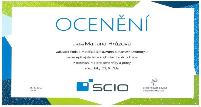 Testování SCIO Při podzimním testování žáků 6. ročníku dosáhla výborného ocenění naše žákyně Mariana Hrůzová ze 6.