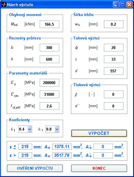 Obr. 6 Okno programu [4] návrh výztuže Závěr Výpočtem bylo prokázáno že šířka trhlin v noníku (07 mm) neplňuje požadavek na maximální hodnotu 0 mm což bylo potvrzeno též kontrolním výpočtem v