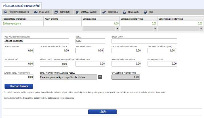 ZÁLOŽKA PŘEHLED ZDROJŮ FINANCOVÁNÍ Před tím nutné: údaje na záložce