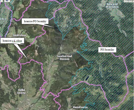 Obr. 16: Poloha řešeného správního území obce Loučná nad Desnou ve vztahu k ptačí oblasti Jeseníky (zdroj: Geoportal CENIA). 3.2.