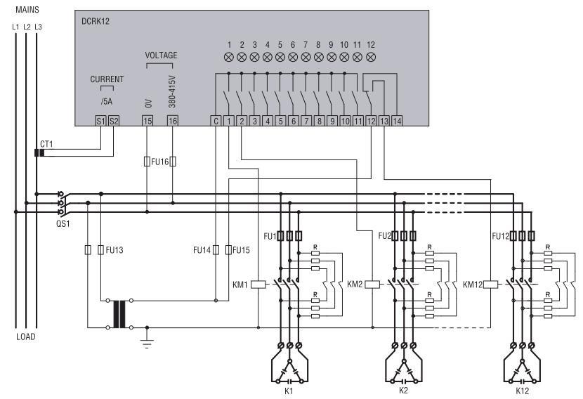 VŠB Technická univerzita Ostrava 34 Obrázek 15 - Principielní schéma zapojení kondenzátorové baterie s automatickým regulátorem účiníku DCRK12 až pro 12 kompenzačních stupňů(21) Č.