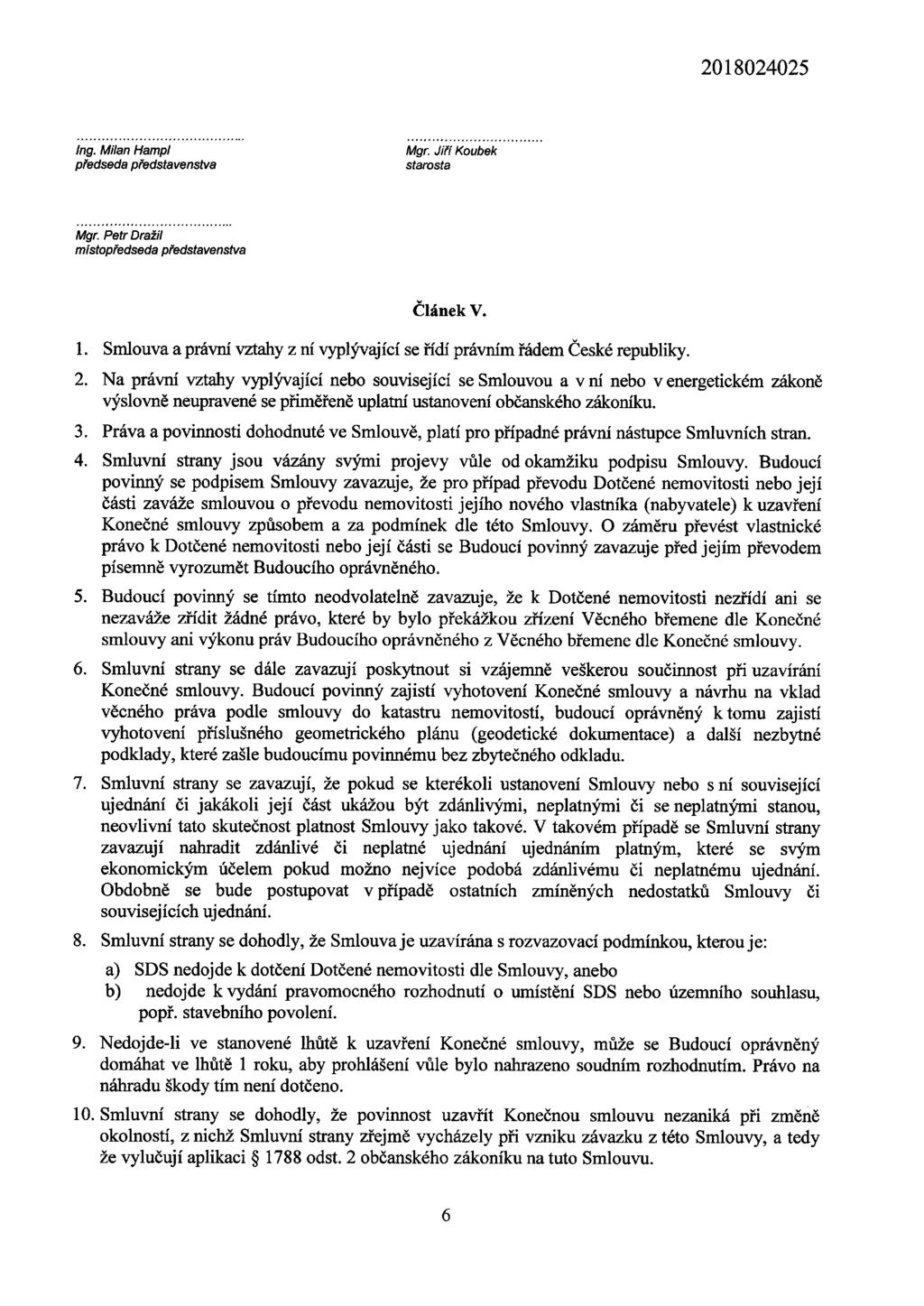 2018024025 Ing. Milan Hampl předseda představenstva Mgr. Jiří Koubek starosta Mgr. Petr Dražíl místopředseda představenstva 10. Článek V.