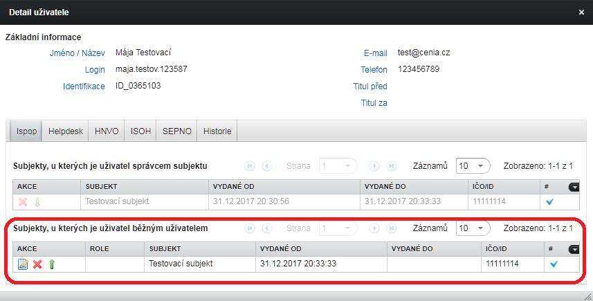 akční ikony změnit platné oprávnění uživatele z Běžného uživatele na Správce subjektu (povýšit na Správce subjektu).