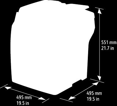 Technické údaje Fyzické specifikace Hmotnost a rozměry Standardní konfigurace Konfigurace se třemi volitelnými podavači na 550 listů Šířka 495 mm (19,5 palce) 495 mm (19,5 palce) Hloubka 495 mm