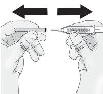 Krok 5: Aplikujte přípravek TAKHZYRO c) Stáhněte krytku jehly přímo ze stříkačky, aniž byste se dotkli jehly. Netahejte za píst.