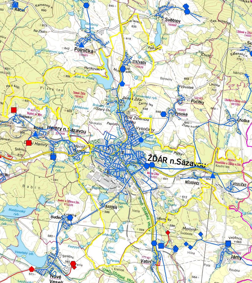 MAPA - VODOVODY Trasování sítí, lokalizace vodojemů, zdrojů, čerpacích stanic, ATS, ÚV Vodovodní řady Vodojem zemní Vodojem