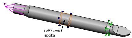 SolidWorks Simulation Obrazy ukazují dva deformované tvary hřídele s ložiskovou spojkou. Vertikální vzdálené zatížení je aplikováno na jedné straně.