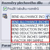 Díly I nadále můžete používat tabulky rozměrů a tabulky ohybů, které mají starý formát. Do dialogového okna Tabulky ohybů lze načíst pouze tabulky ohybu v původním stylu. Hodnoty Rozměr č.