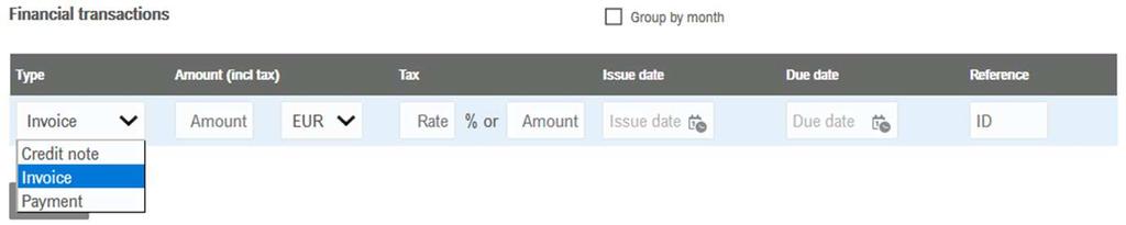 Vyplnění transakcí V části Transakce (Financial transactions) je nutné vyplnit veškeré aktuálně nevyrovnané faktury, dobropisy a platby. Potřebné údaje se v jednotlivých případech mírně liší.