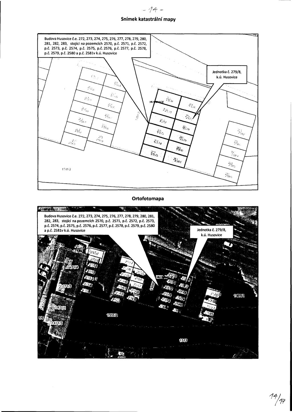 -M- Snímek katastrální mapy Budova Husovice č.e. 272, 273, 274, 275, 276, 277,278, 279, 280, 281, 282, 283, stojící na pozemcích 2570, p.č. 2571, p.