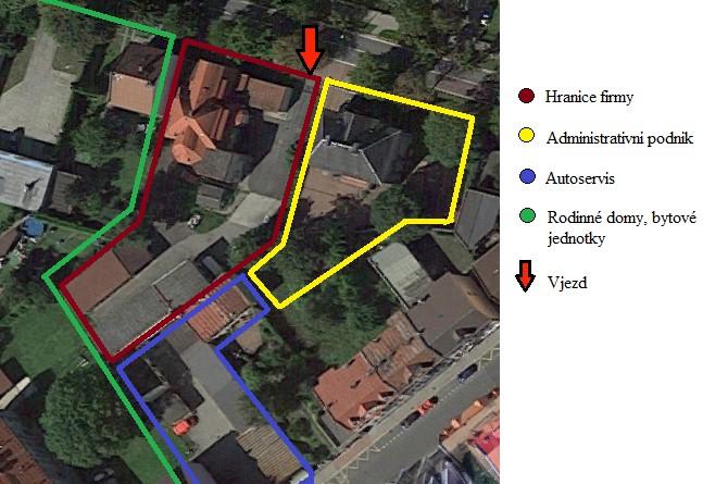 Obrázek 5: Mapa okolí objektu [27, upraveno autor] Na pozemku objektu se nachází hlavní budova, kde jsou dílny, administrativní část a sklad nářadí.