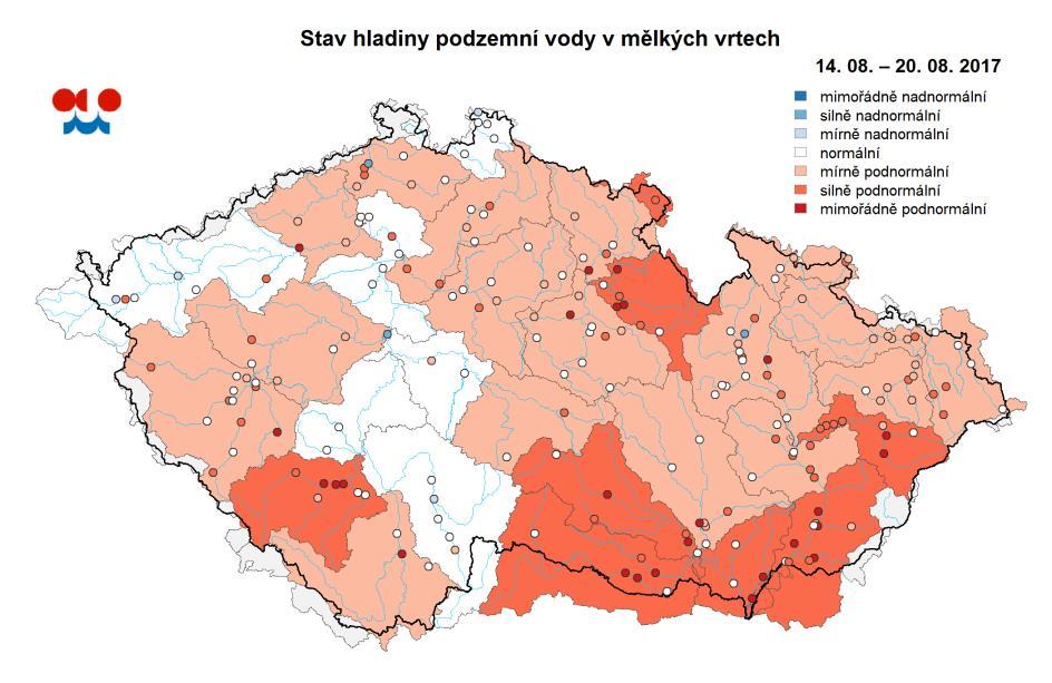 E. Podzemní vody Stav podzemních vod je hodnocen podle pravděpodobnosti překročení hladiny ve vrtu v příslušném týdnu.