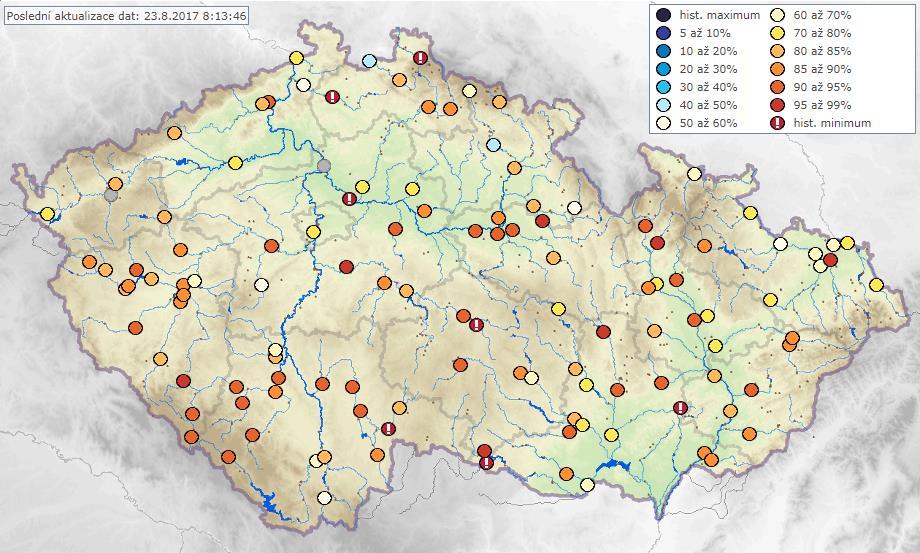 průměry se průtoky pohybovaly nejčastěji v rozmezí 10 80 % Q VIII. Z pohledu hydrologického sucha se situace v porovnání s předchozím týdnem zhoršila.