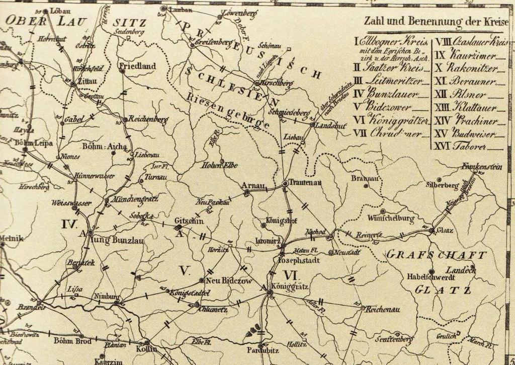 Výřez z Poštovní mapy Království českého, vypracované a nakreslené litoměřickým kanovníkem a kartografem František Kreibichem (1759 1833. Vydal Eduard Rainold, Praha 1819.