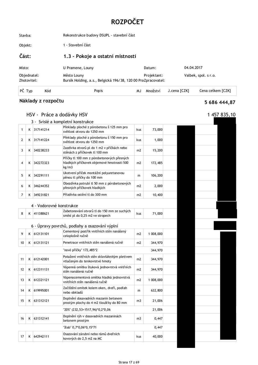 ROZPOČET Část: 1 - Stavební část 1.3 - Pokoje a ostatní místnosti Objednatel: Město Louny Projektant: Zhotovitel: Bursík Holding, a.s., Belgická 196/38, 120 00 Praha Zpracovatel: 2 Valbek, spol. s r.