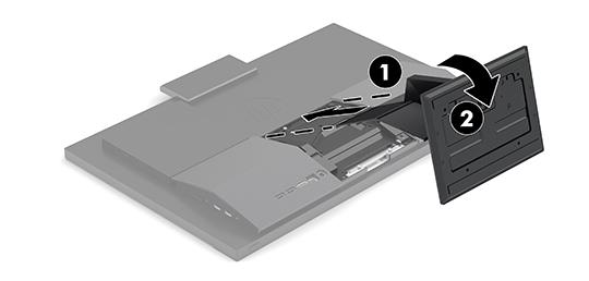3. Otočte podstavec dolů, dokud nezacvakne na místo (2). Odebrání stojanu s pevnou výškou Postup sejmutí podstavce: 1. Vyjměte nebo odpojte od počítače všechna vyjímatelná média, např.