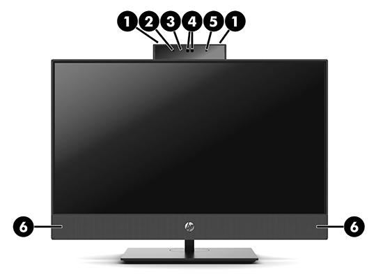 Součásti počítače HP ProOne 600 a HP ProOne 400 (23,8 palce) Součásti na přední straně Součást Součást 1 Mikrofony webové kamery (2) (volitelné) 4 Čočka webové kamery / infračerveného vysílače