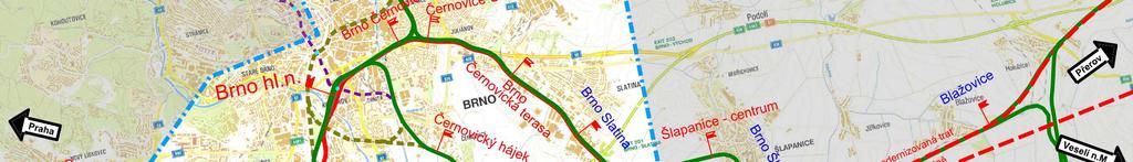 Modřice, napojení RS Brno Vranovice: km 137,024 = km 0,000 střed dopravny Modřice, hraniční prvky jsou odjezdová návěstidla ve směru Brno v žst.