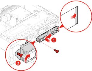 Obrázek 104. Instalace rámečku předních součástí I/O 5. Připojte kabel vypínače a kabel čtečky karet k základní desce. 6. Dokončete výměnu součástí. Viz Dokončení výměny součásti na stránce 68.
