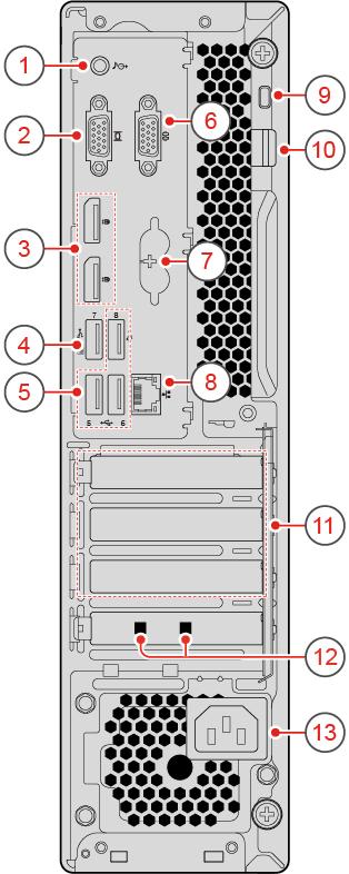 Obrázek 2. Pohled zezadu 1 Výstupní zvukový konektor 2 Výstupní konektor VGA 3 Výstupní konektory DisplayPort 1.2 (2) 4 Konektor USB 2.0 5 Konektory USB 2.