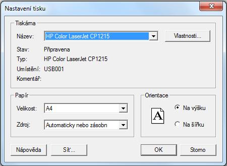 Nastavení tiskárny: Dialog umožňuje výběr tiskárny a nastavení tisku (orientace papíru apod.). Program automaticky nastavuje orientaci tisku pro tisk porovnání. Nedoporučujeme toto nastavení měnit.