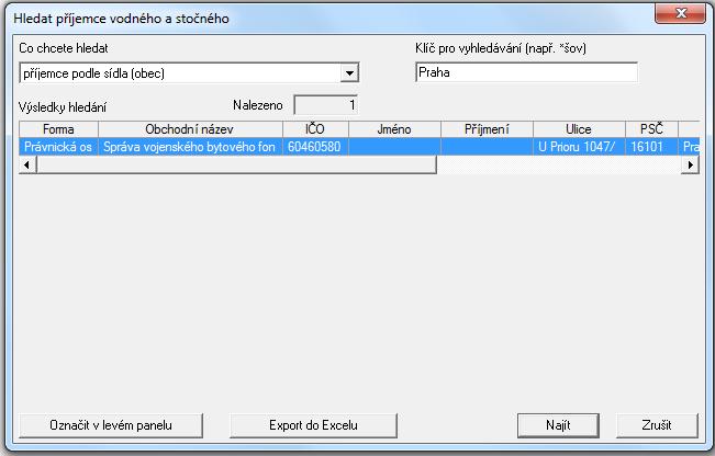 3 Menu Nástroje Hledat příjemce vodného a stočného: V dialogu lze podle různých