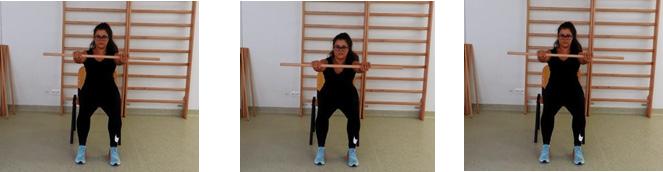 Cvičení pro posílení svalů trupu a horních končetin (s tyčí) 5.CVIK horní končetiny svírají tyč volně opřenou o kolenní klouby obou DKK.