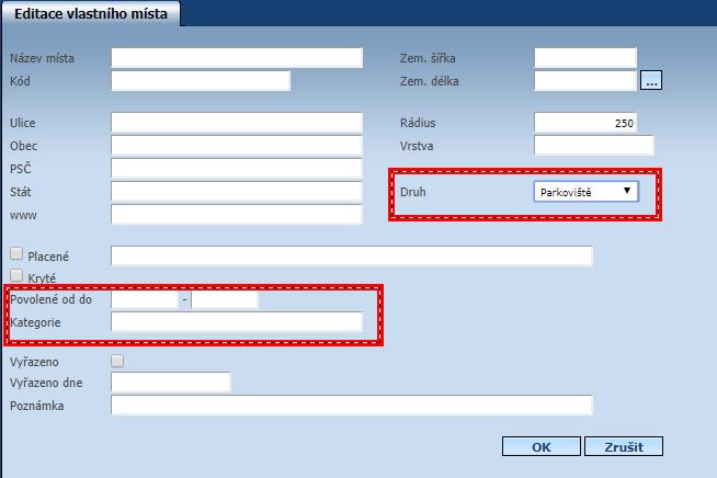 NOVINKA Nastavení vzhledu Vlastních míst Filtr vlastních míst jsme pro Vás rozšířili, aby mohlo být navíc filtrováno podle kategorie a podle data od a data do, kdy smí vozidlo parkovat.